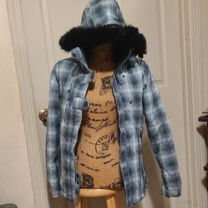 Body Glove Plaid Hooded Jacket with Fur Trim